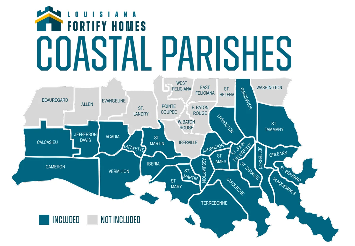 Louisiana Fortify Homes coverage map showing included coastal parishes, including St. Tammany Parish